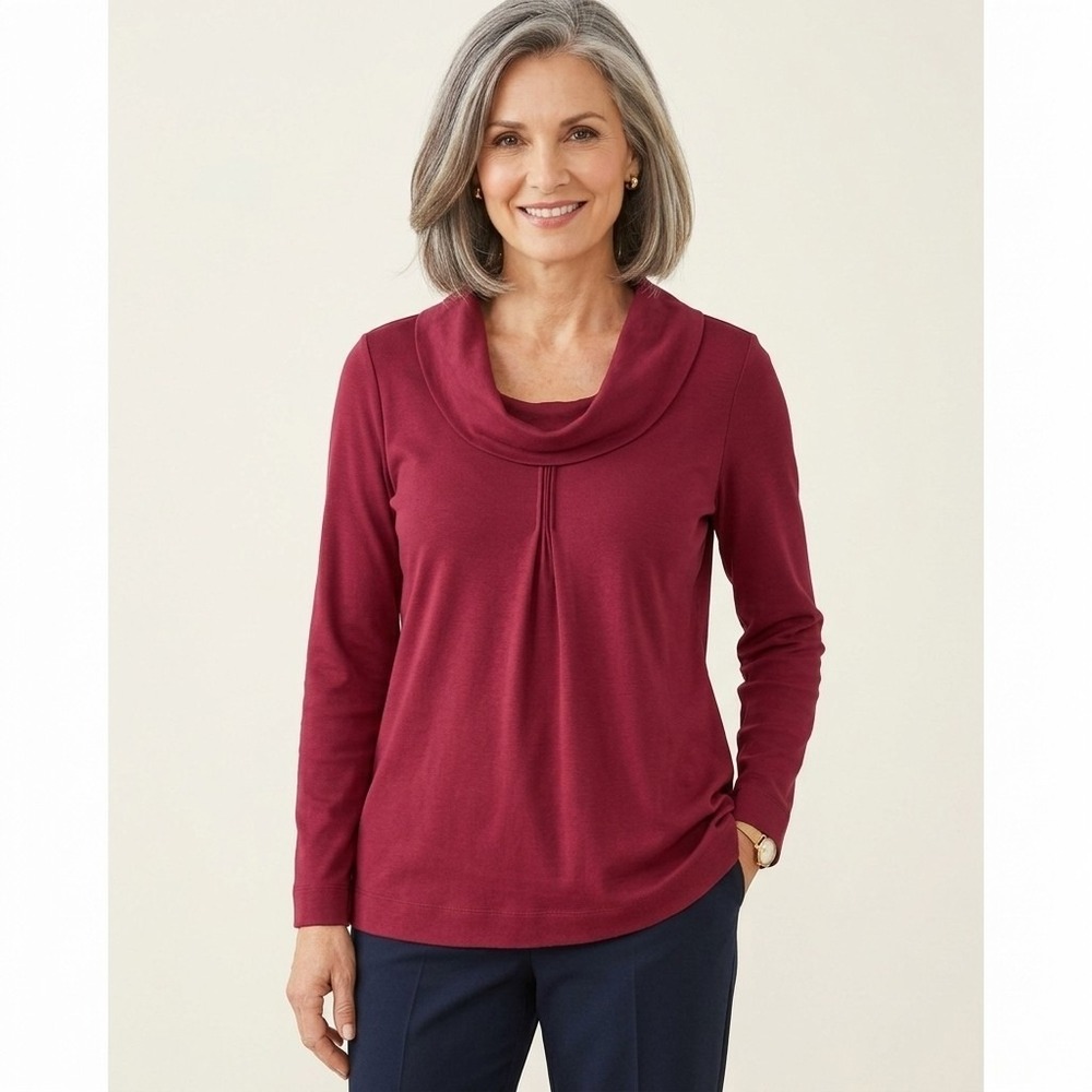 Soft Surroundings Red Cowl Neck Roll Tab Long Sleeve Knit Top Petites PM
